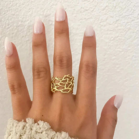925 Sterling Silver Gold Textured Ring Vine Coral Tree Branch Ring Boho Ring - Picture 2 of 9